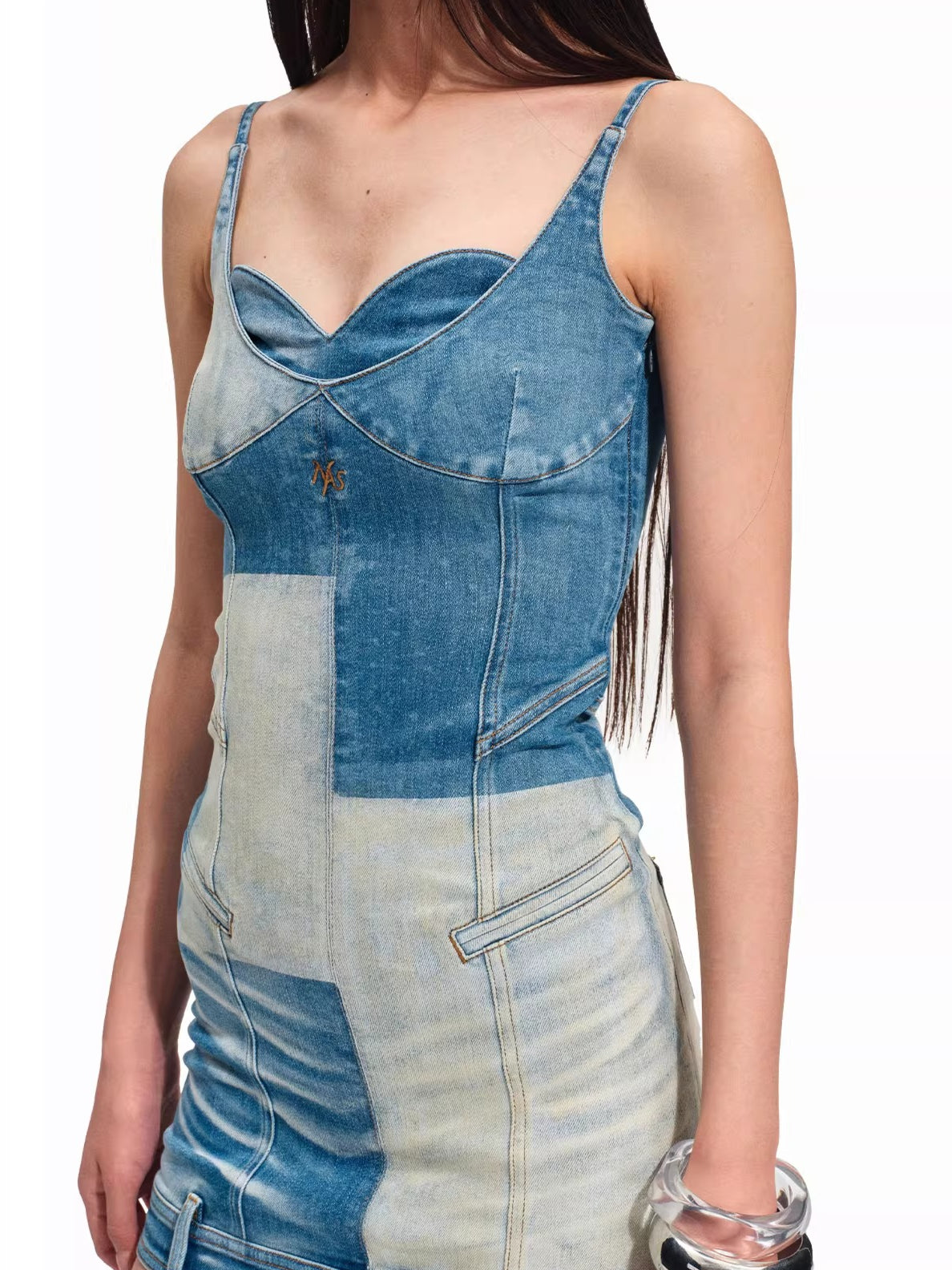 Equestrian Contrast Panel Denim Slip Dress