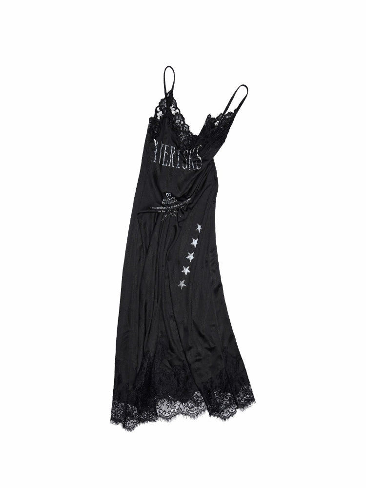 Letter-printed Spliced Lace Camisole Dress