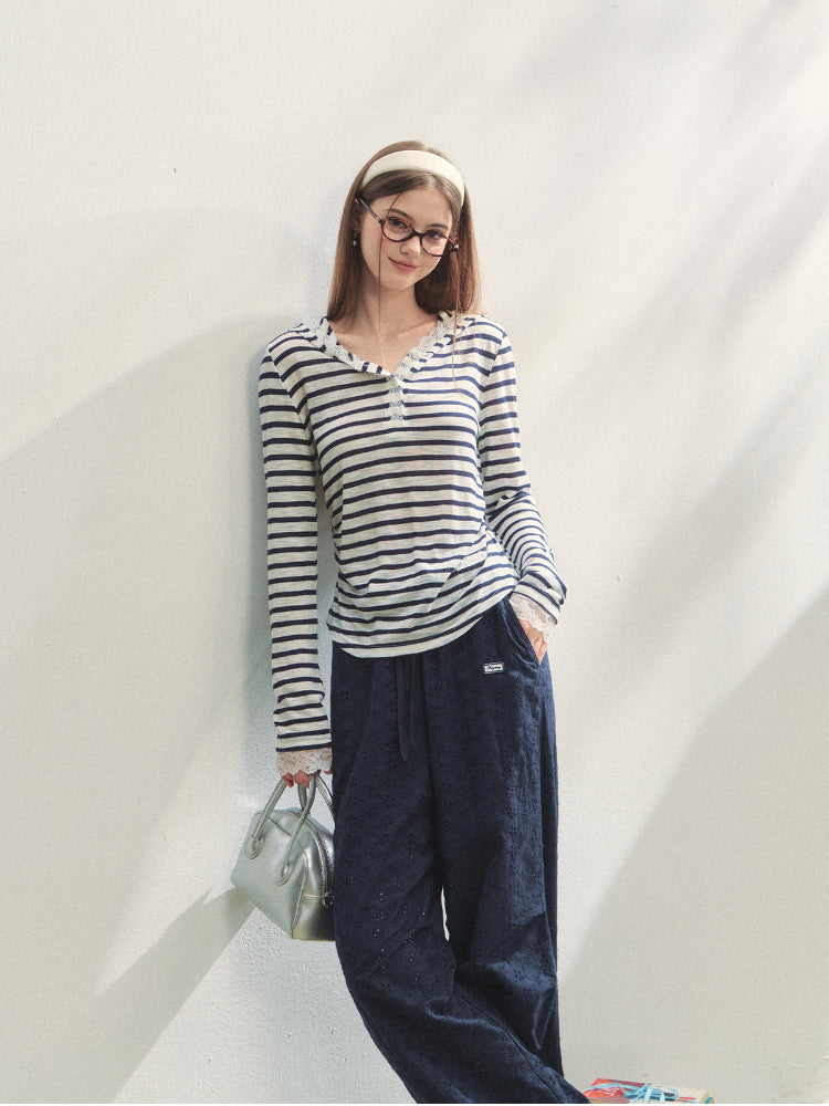 Hollow Embroidery Tie-up Casual Pants - CHINASQUAD