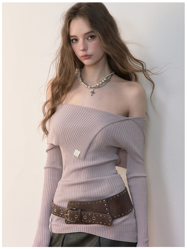 One-Shoulder Collared Knit Crewneck - CHINASQUAD