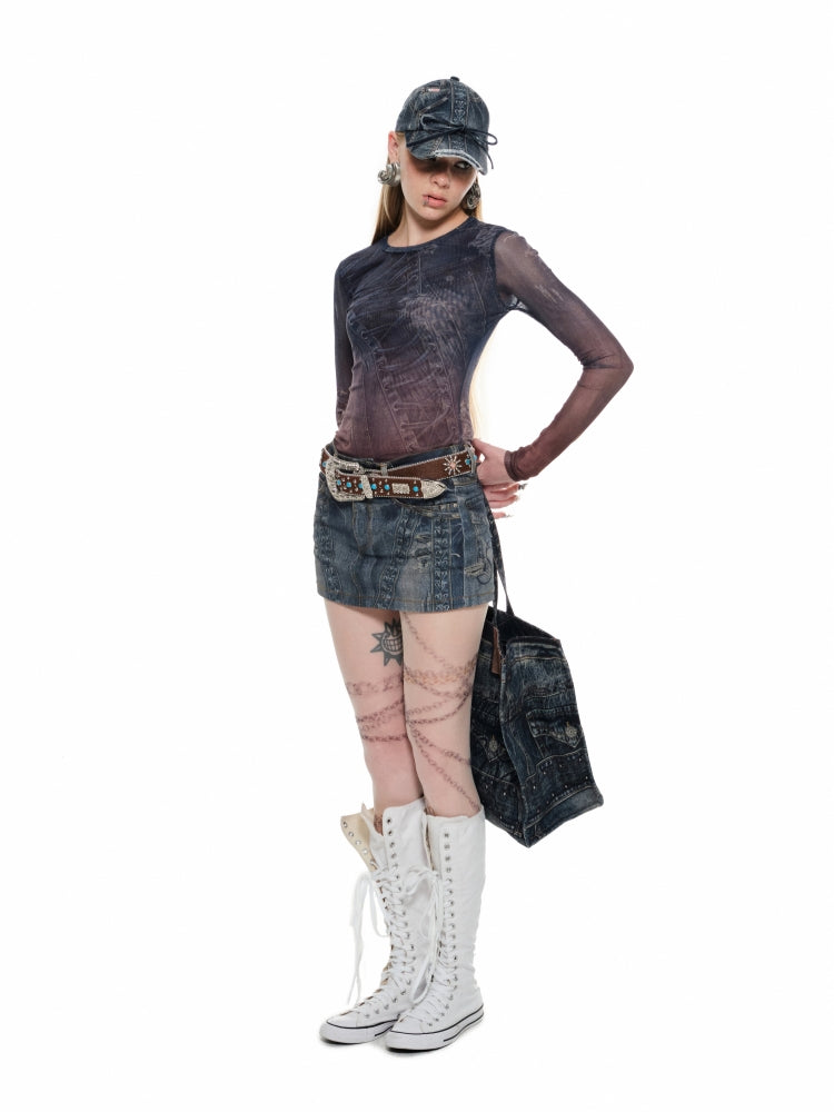 Denim Blue Printed Bodycon Skirt - CHINASQUAD