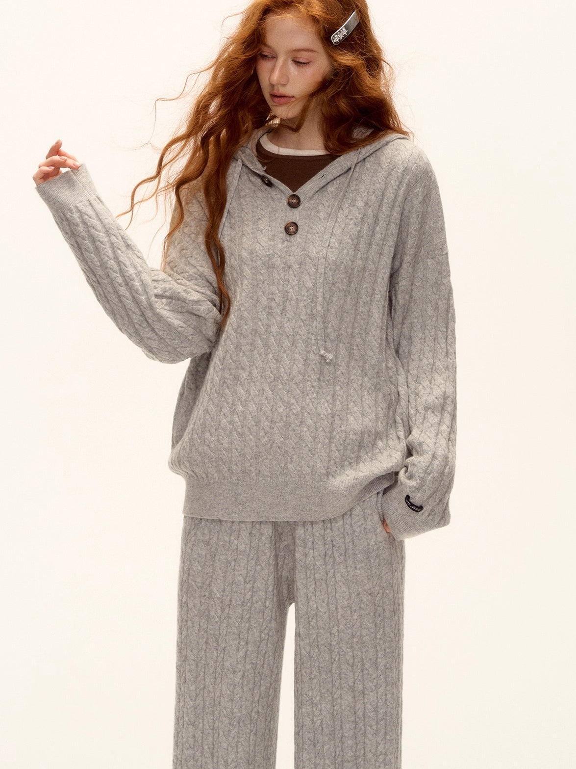 Wool Blend Cable Knit Hoodie & Wide-Leg Pants Set