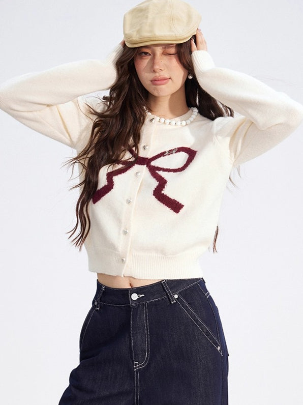 Bow Detail Cropped Knit Cardigan