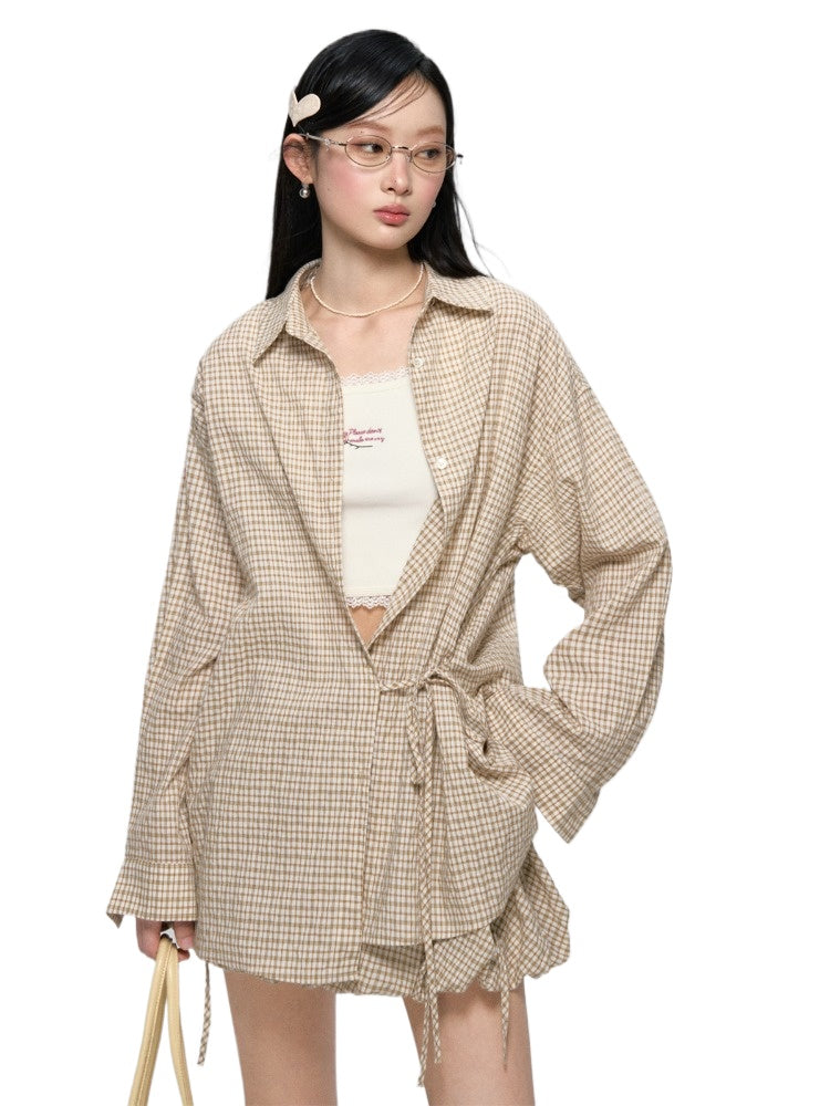 Khaki & Black Retro Check Shirt & Skirt Set - CHINASQUAD