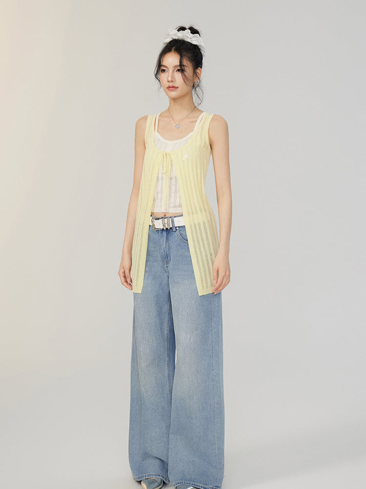 Fake Two piece Hollow-out Knitted Vest - CHINASQUAD