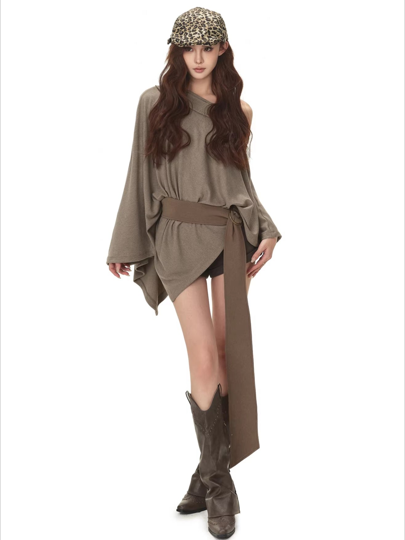 Cape-Style Off-Shoulder Long T-Shirt