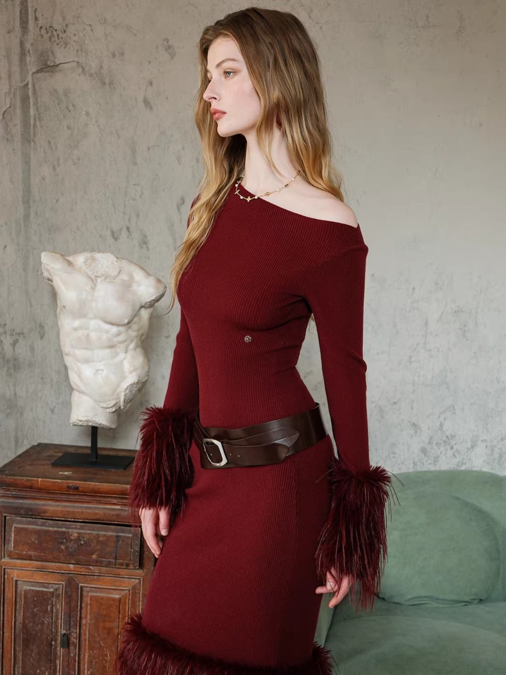 Vintage Off-Shoulder Knit Maxi Dress