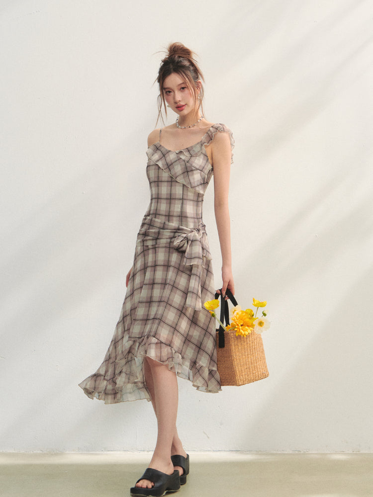 Checkered Print Asymmetrical Slip Dress - CHINASQUAD