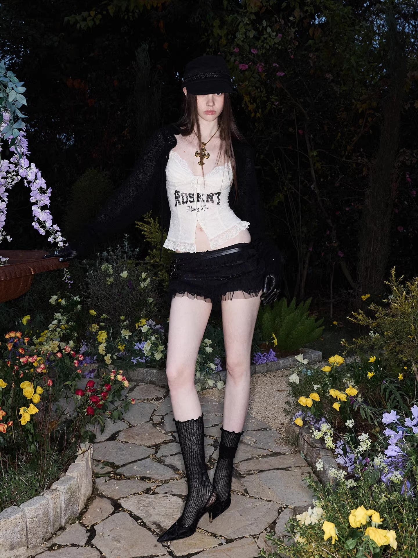 Lace-Up Letter Print Corset Camisole