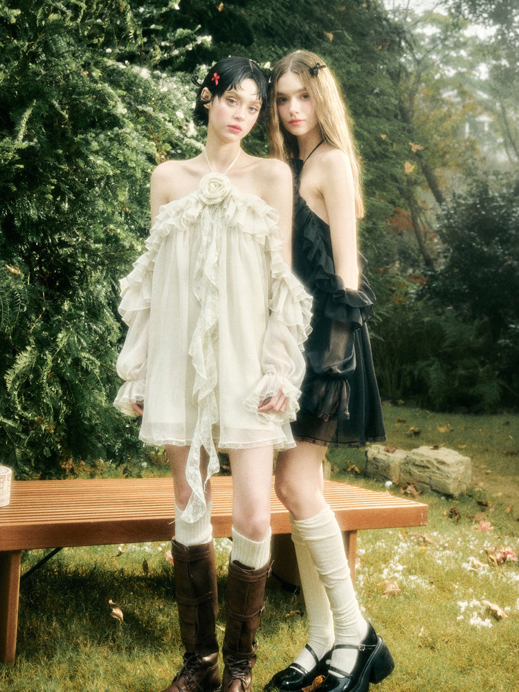 Halter Neck Off-Shoulder Ribbon Dress - CHINASQUAD