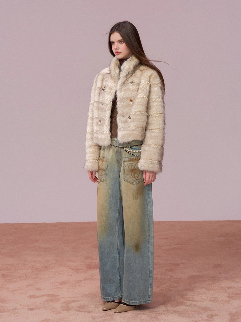 Double-Breasted Faux-Fur Short Jacket