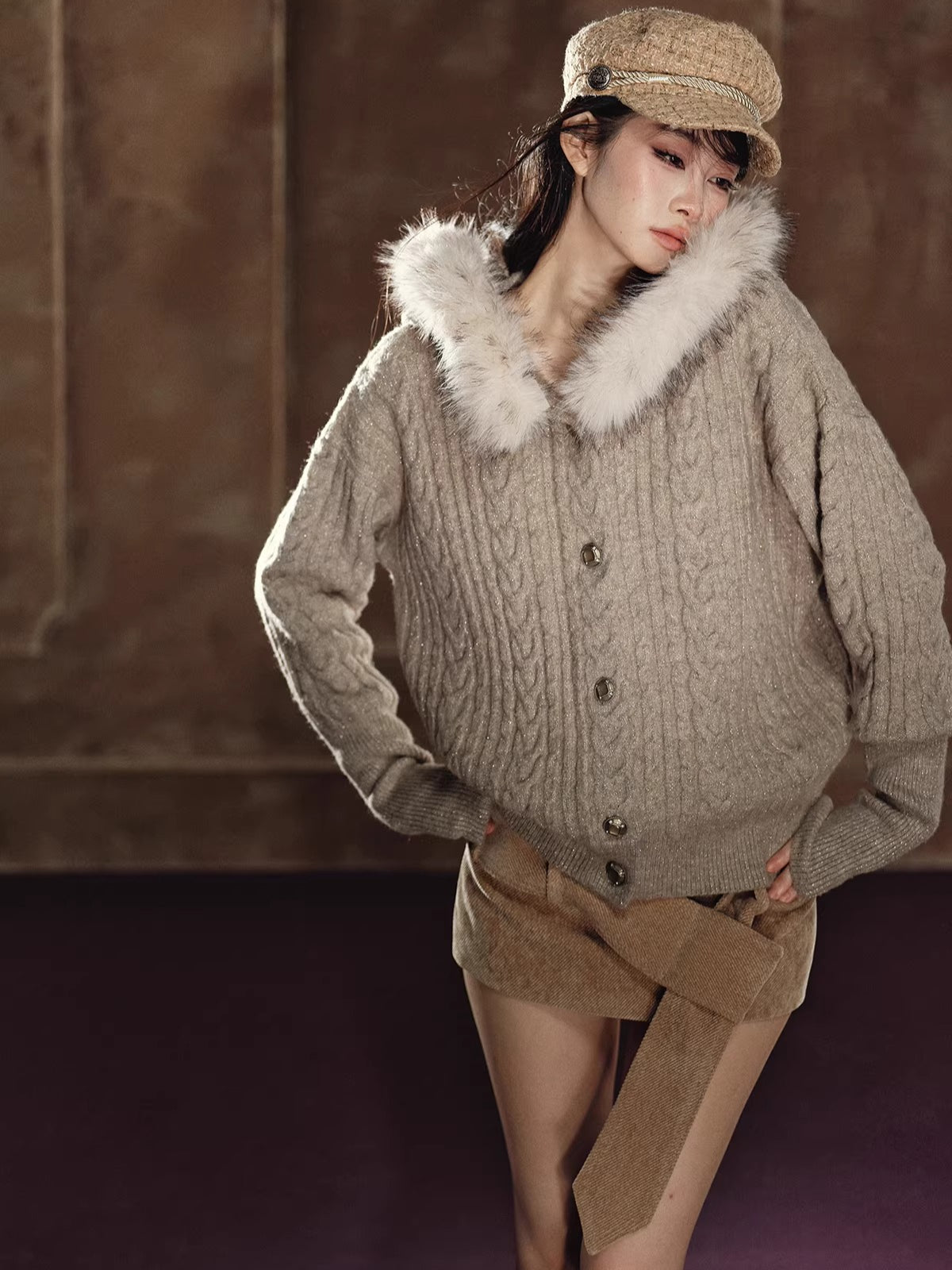 Shimmer Cable-Knit Hooded Cardigan