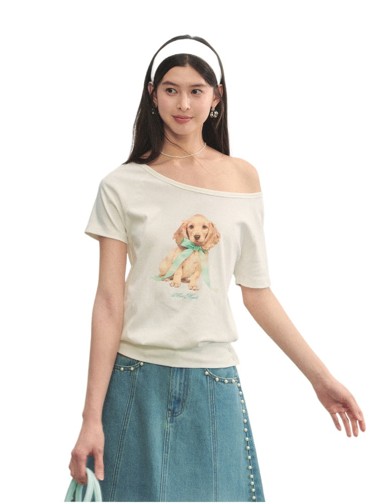 Asymmetric Shoulder Bow Puppy Printed T-Shirt - CHINASQUAD