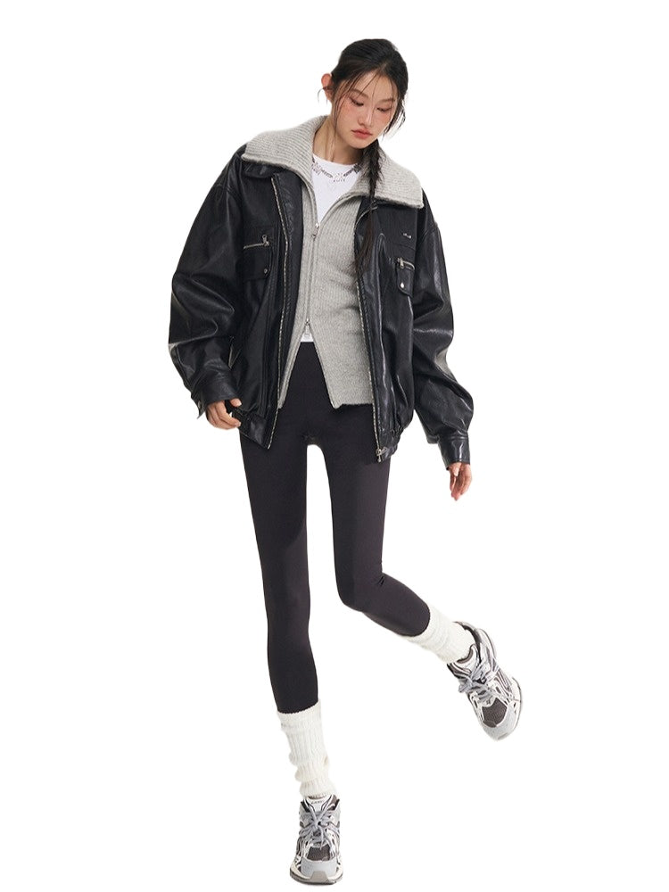 Black & White Vintage Silhouette Collar Moto Jacket - CHINASQUAD