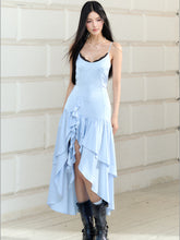 Blue Satin Lace Trim Dress - CHINASQUAD