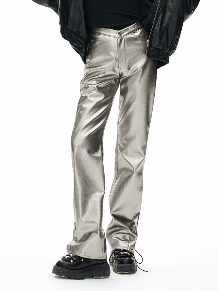 Black V-Style High-Waist Leather Pants - CHINASQUAD