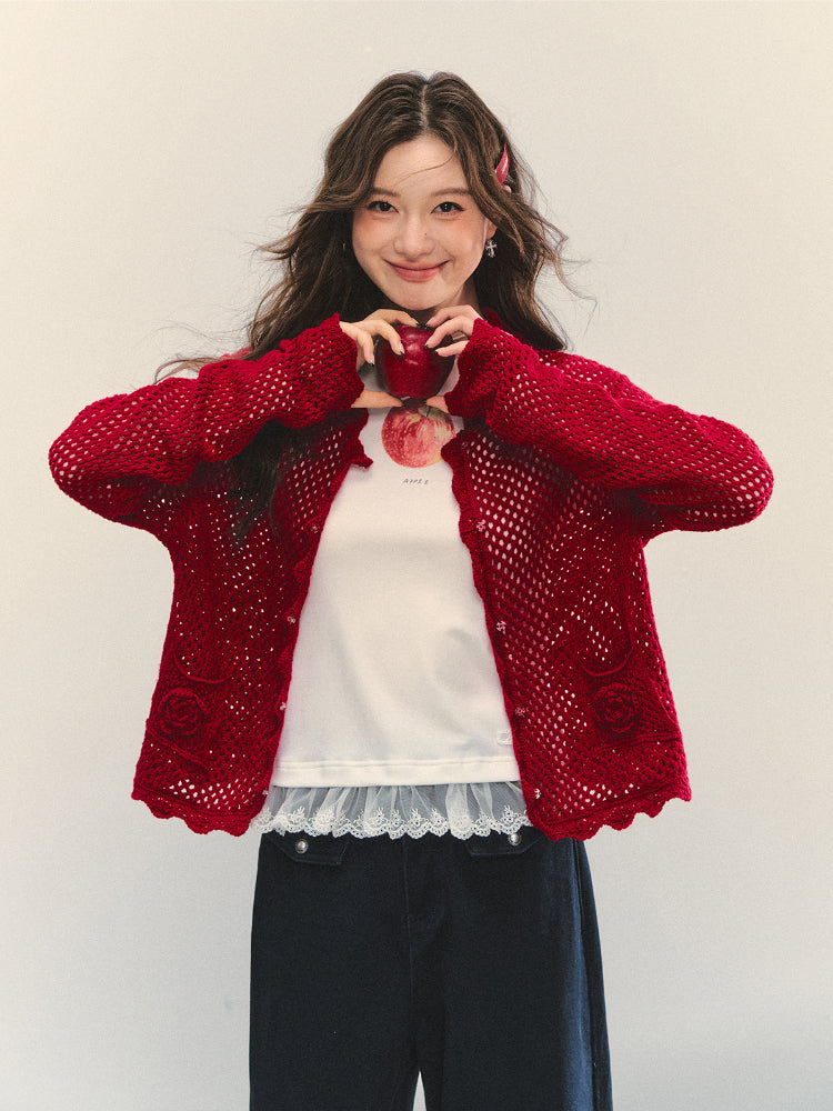 Hollow-out 3D Flower Crochet Lapel Cardigan - CHINASQUAD