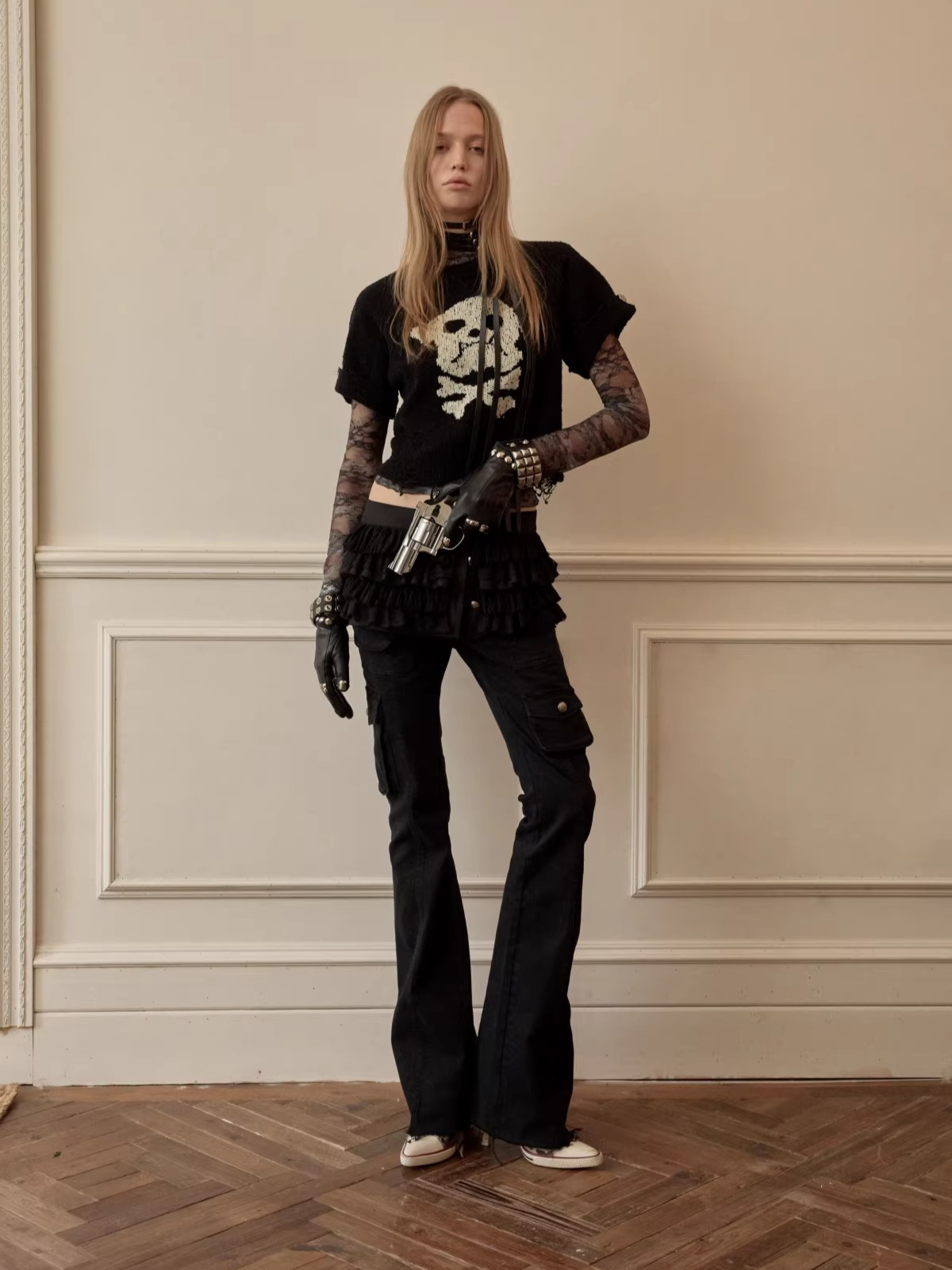 Skeleton Distressed Knit Short Sleeve Top