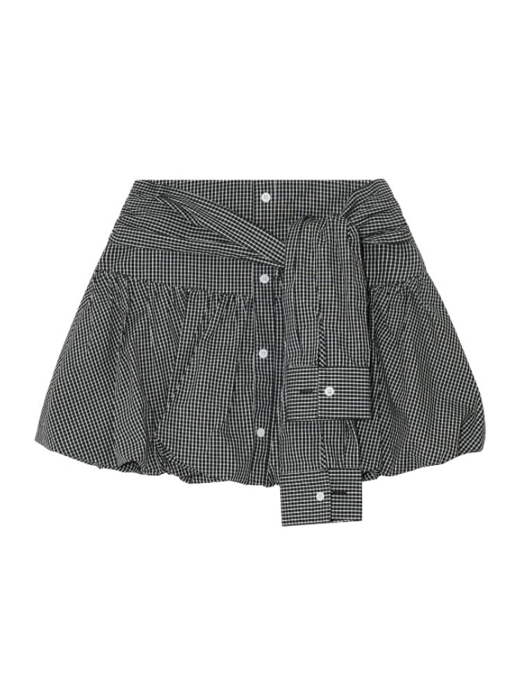 Checkered Tie-Up Embroidered Bud Mini Skirt - CHINASQUAD