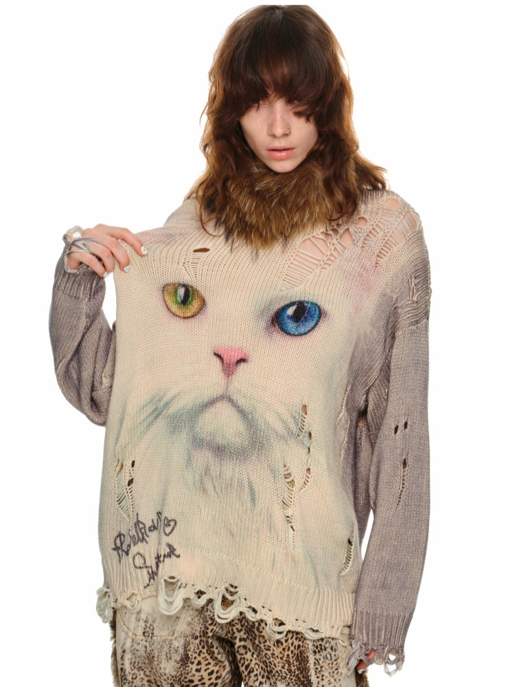 Cat Print Distressed Knit Sweater - CHINASQUAD