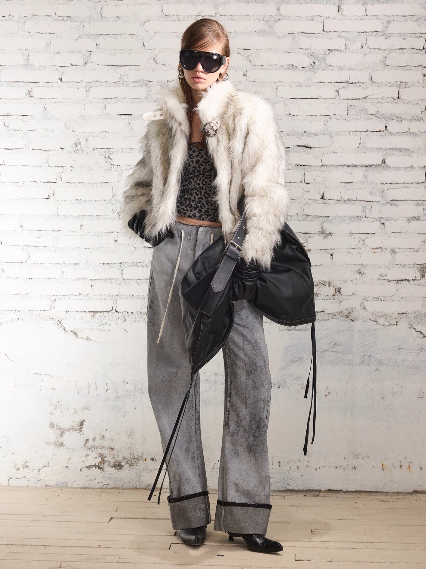 Metal-Buckle Stand Collar Faux Fur Coat