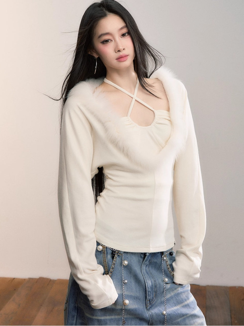 Fox Fur Panel Layered Knit V-neck