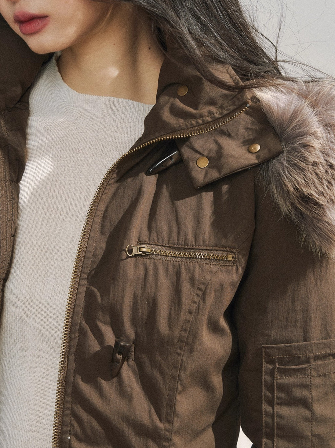 Two-Tone Faux Fur Collar Hooded Duffle Puffer Jacket