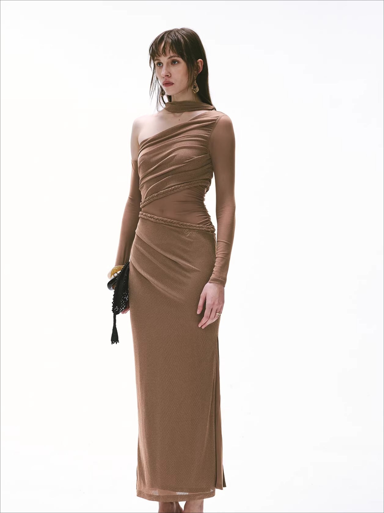 Vintage One-Shoulder Braided Ruched Maxi Dress