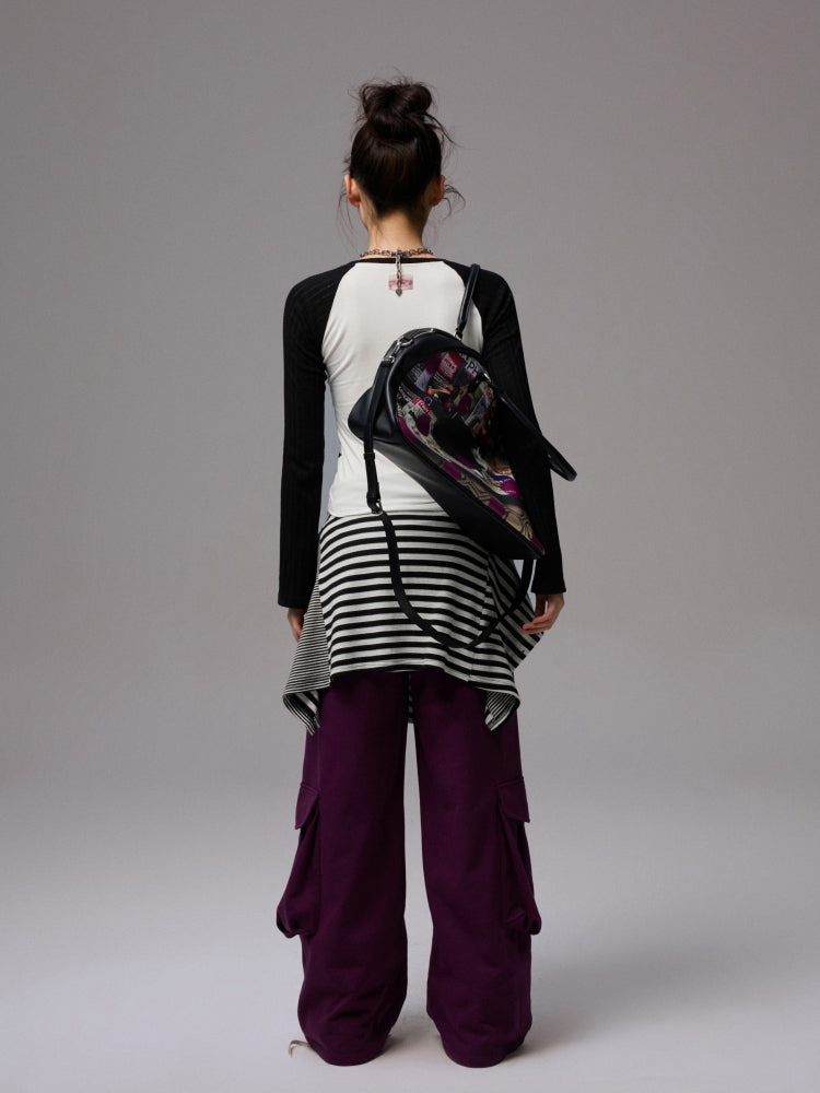 Cat Print Raglan Sleeve Color-Blocking T-Shirt