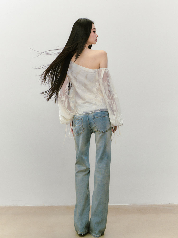 Irregular Slant Shoulder Lantern Sleeve T-shirt - CHINASQUAD