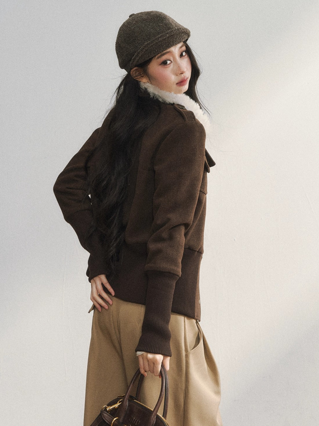 Vintage-Inspired Brown Fleece Lining Wool-Blend Jacket