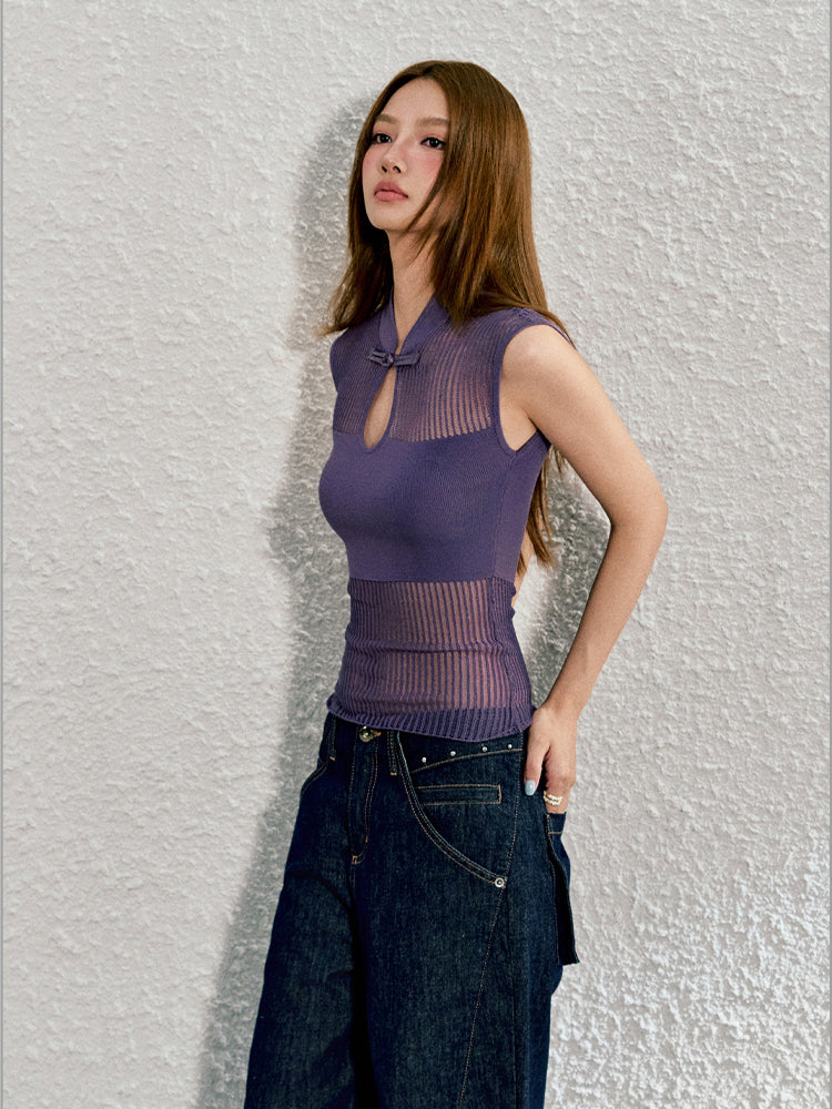 Beige & Purple Hollow-out Disk-button Knitted Vest - CHINASQUAD