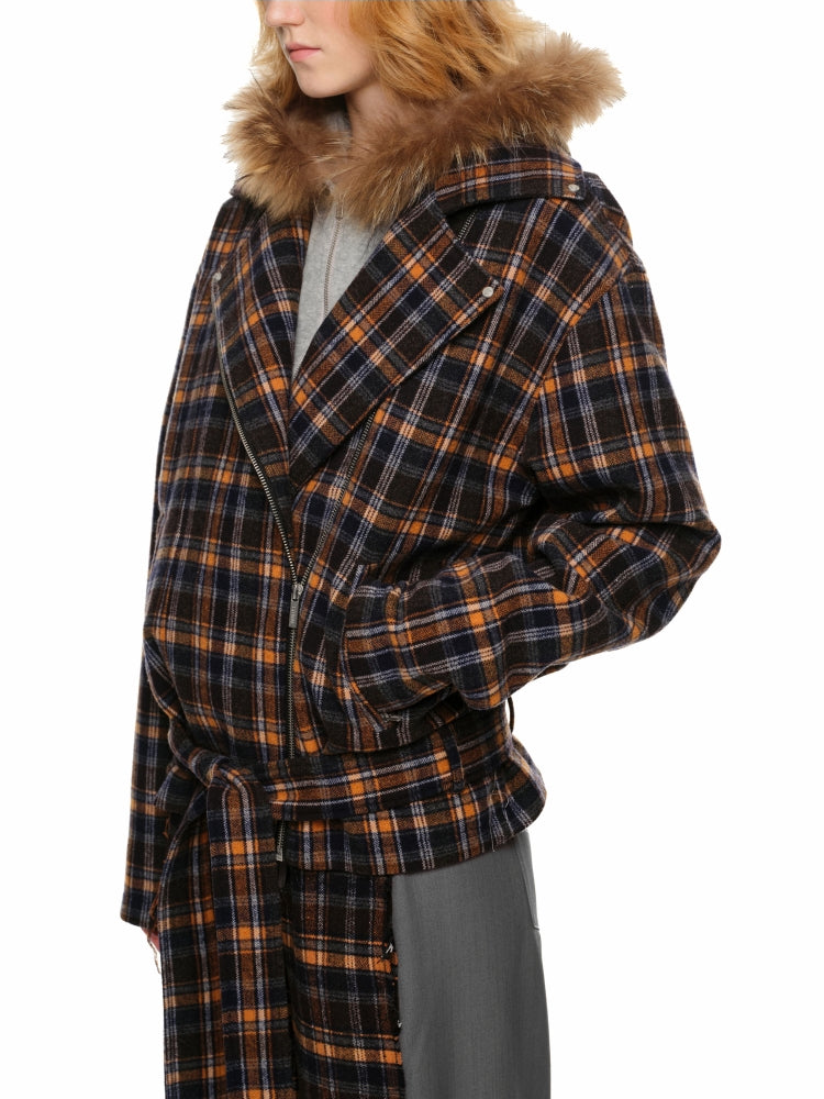 Dark Blue Plaid Woolen Moto Jacket - CHINASQUAD