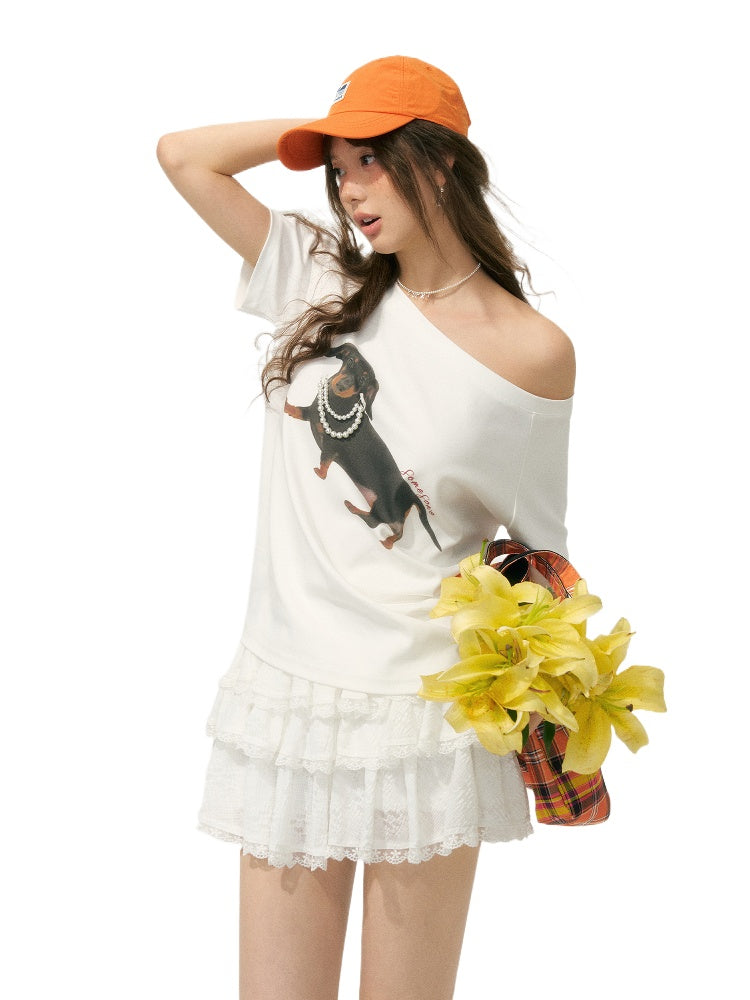 Off-Shoulder Pearl Embroidered Asymmetrical T-shirt - CHINASQUAD