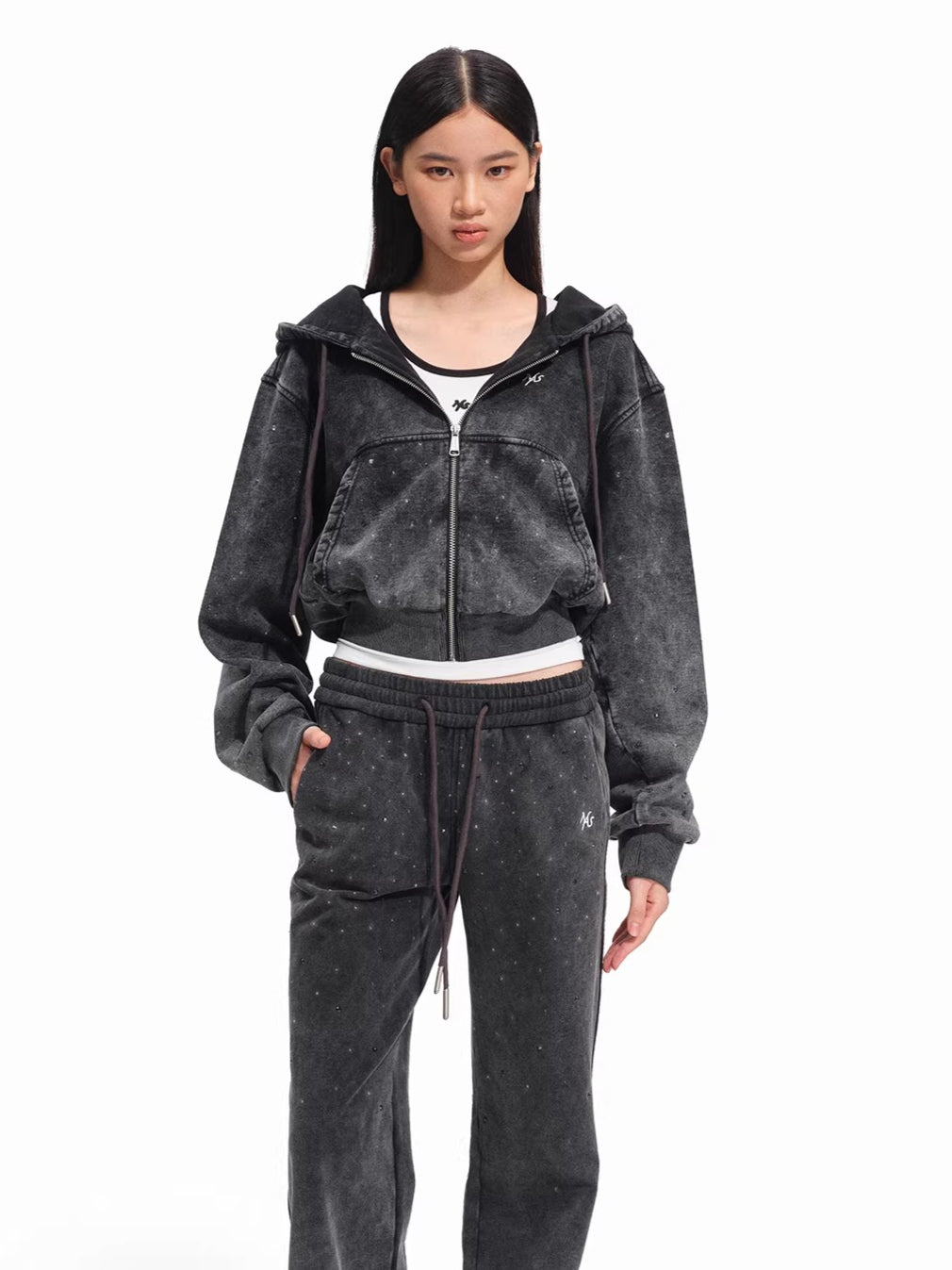 Embellished Washed Cotton Cropped Hoodie