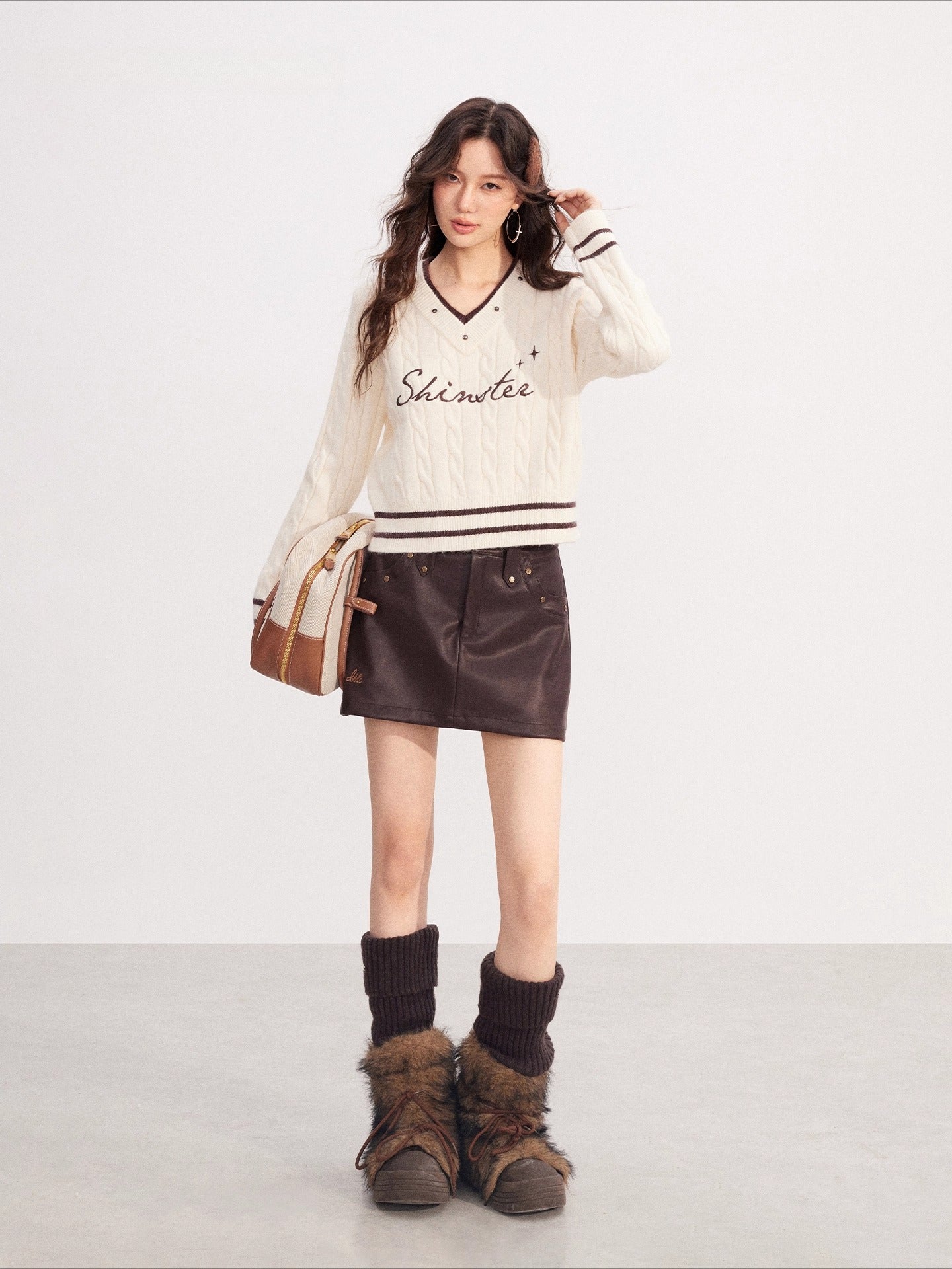 Layered-Effect Embroidered Knit V-Neck Sweater