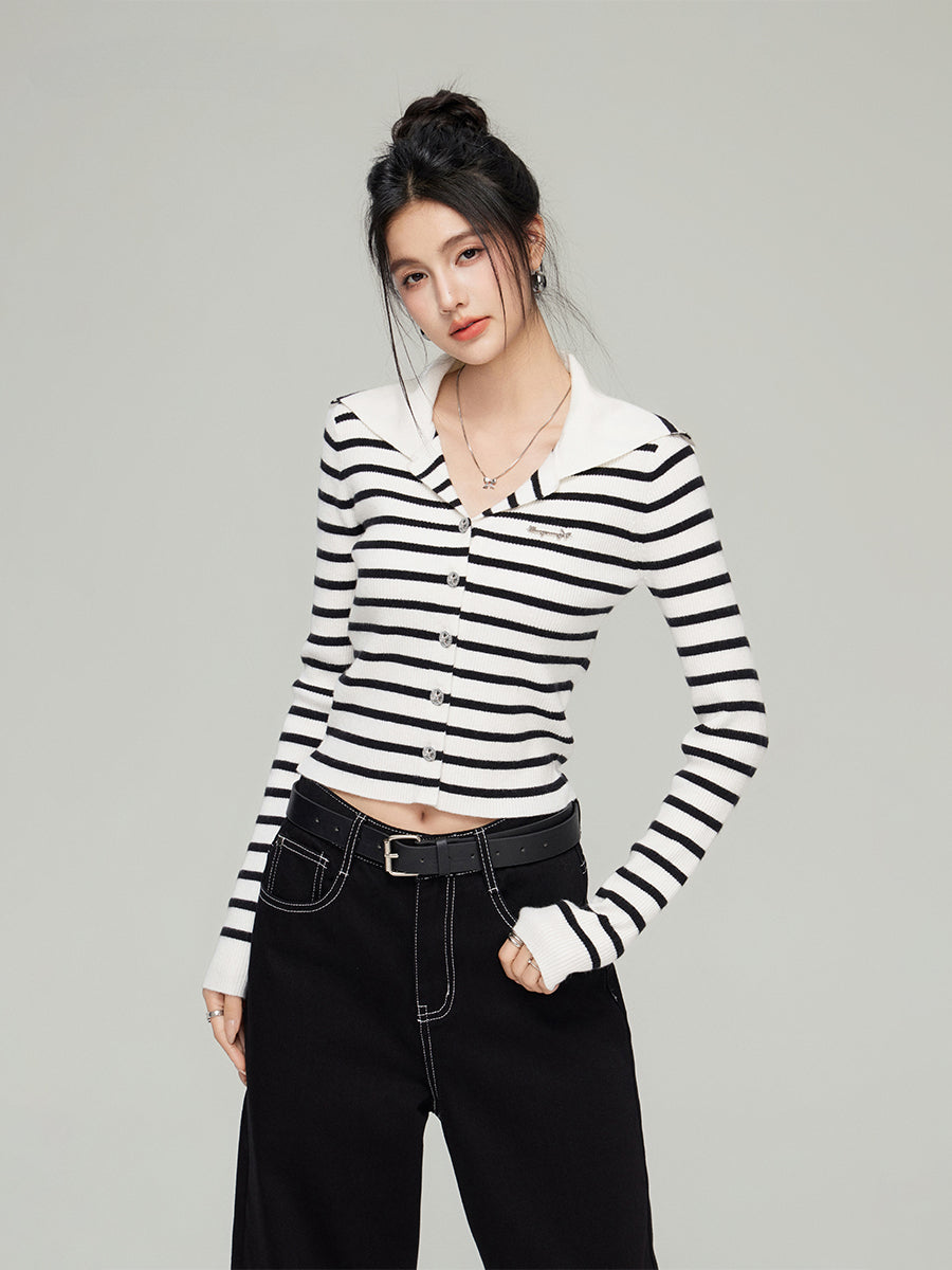 Navy Collar Ribbed Knit Cardigan  - CHINASQUAD