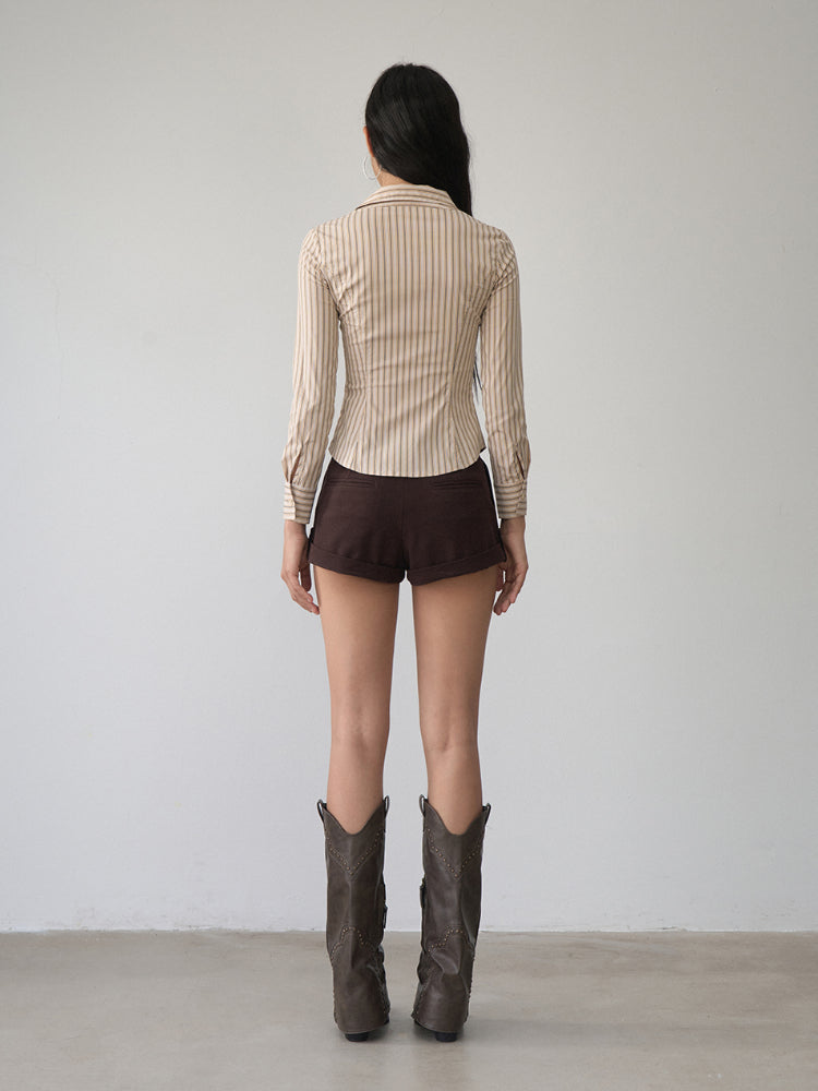 Contrast-colored Collared Waist-cinched Shirt - CHINASQUAD