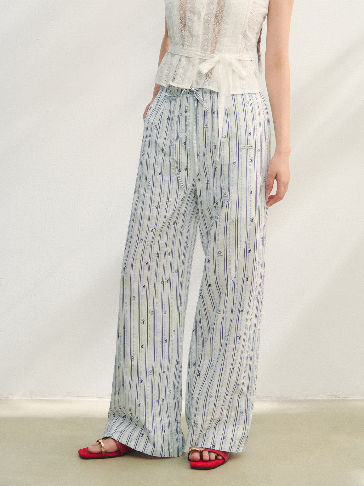 Striped Print Patchwork Embroidery Lace Straight Pants - CHINASQUAD