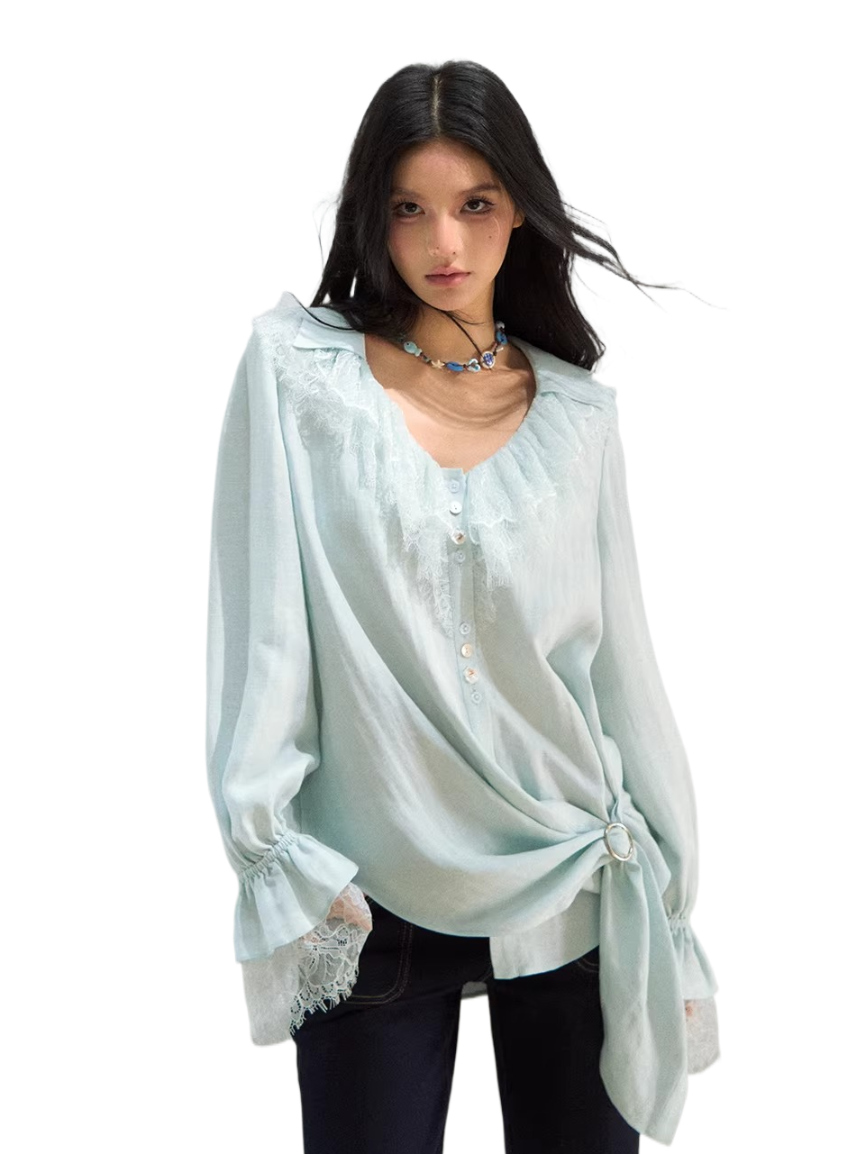Lace Trim Relaxed Lyocell Blouse