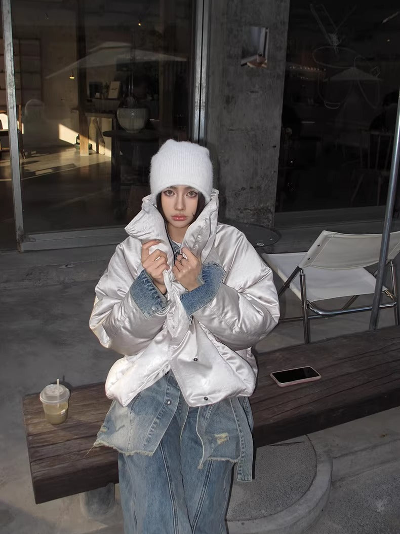 Oversized Leather-Texture Down Jacket