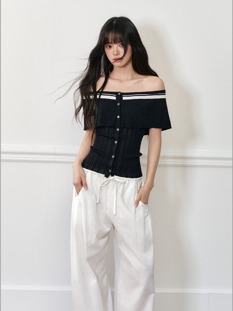 Color-block Off-shoulder Poncho-style Knit T-shirt - CHINASQUAD