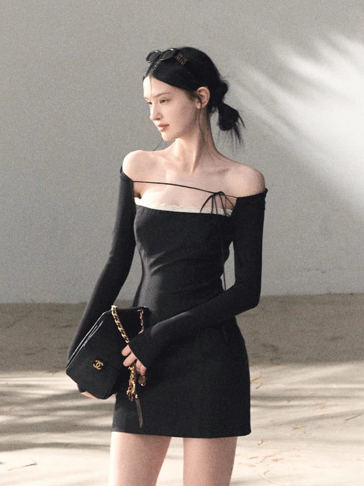 Slim-Fit Black Waist-Cinched Long-Sleeve Dress