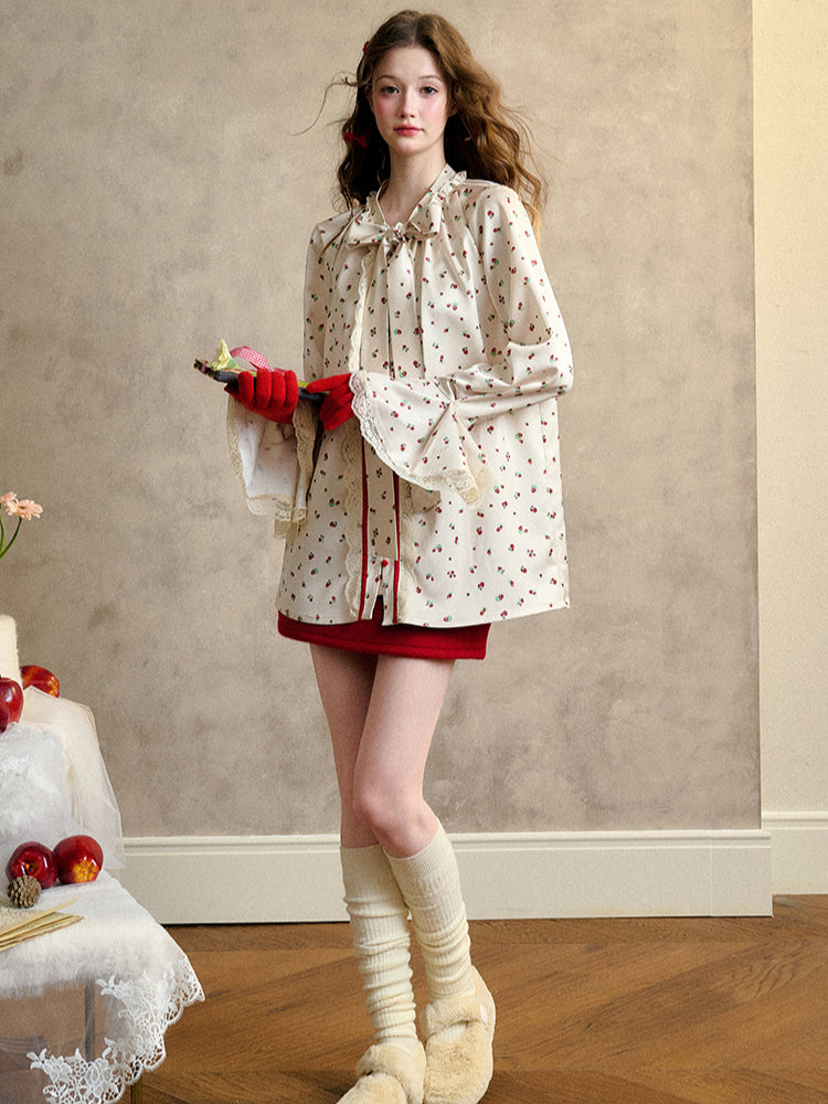 Berry Lace Print Shirt Dress - CHINASQUAD