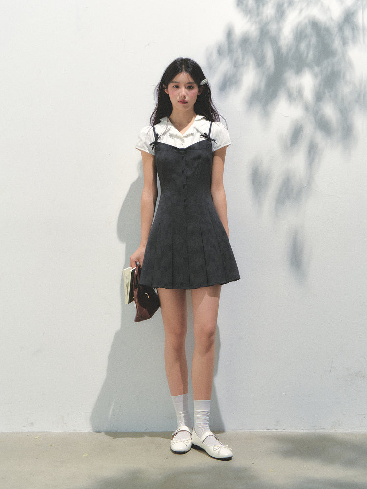 Academy Style Fake Two-piece Pleated Dress - CHINASQUAD