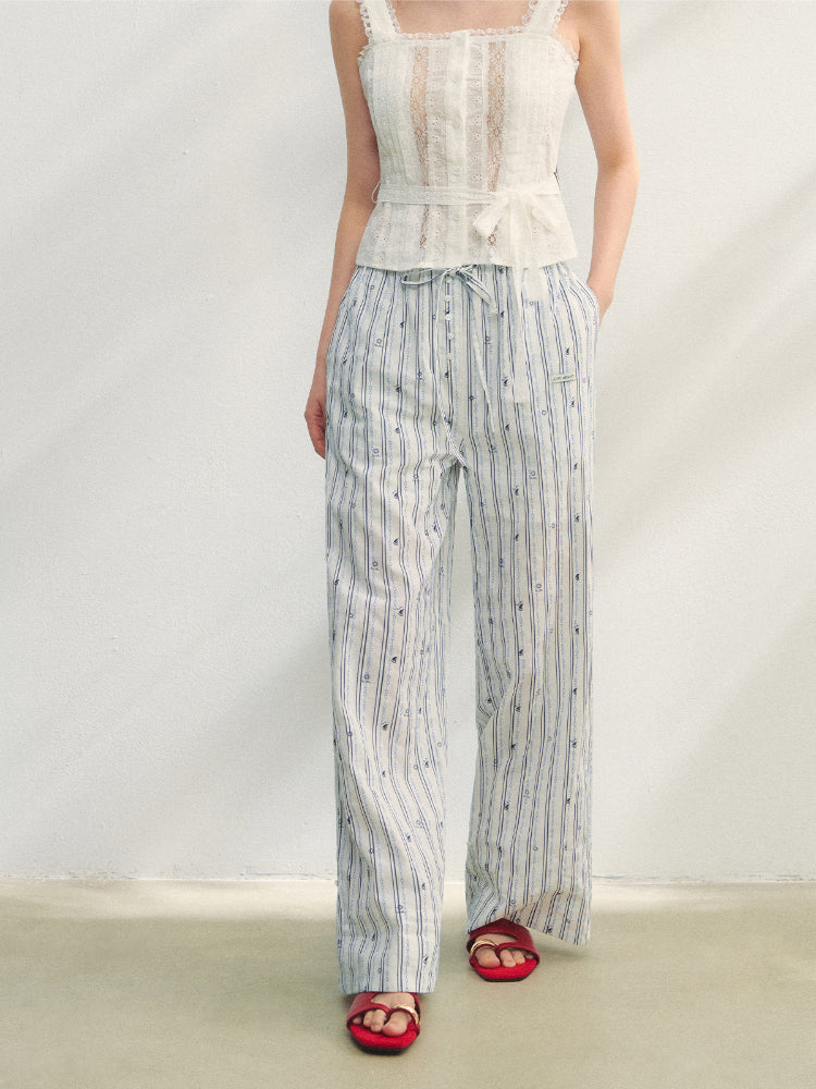 Striped Print Patchwork Embroidery Lace Straight Pants - CHINASQUAD
