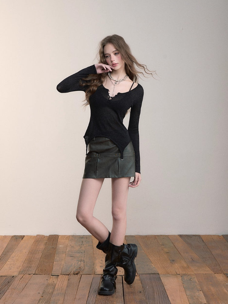 Irregular Knit Waist-Cinched Long-Sleeve Tee
