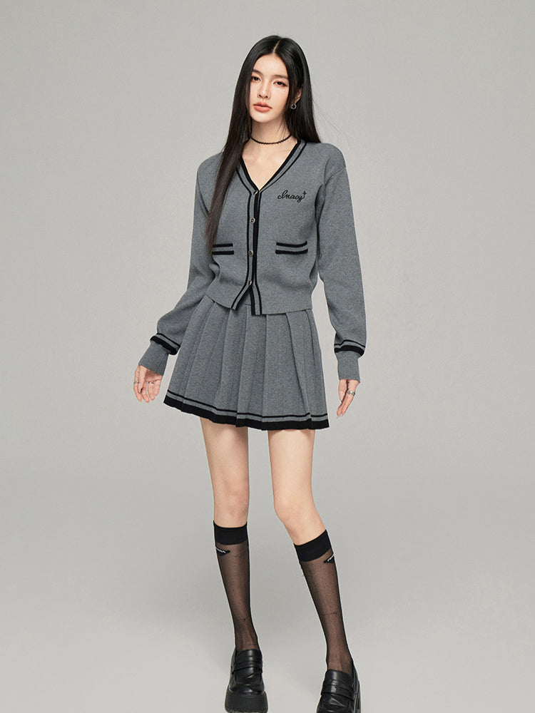 Contrast Color Knit V-neck Cardigan Set - CHINASQUAD