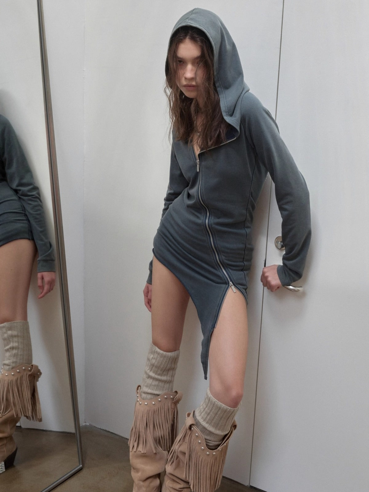 Washed Rhinestone Studded Deconstructed Hoodie Dress - CHINASQUAD