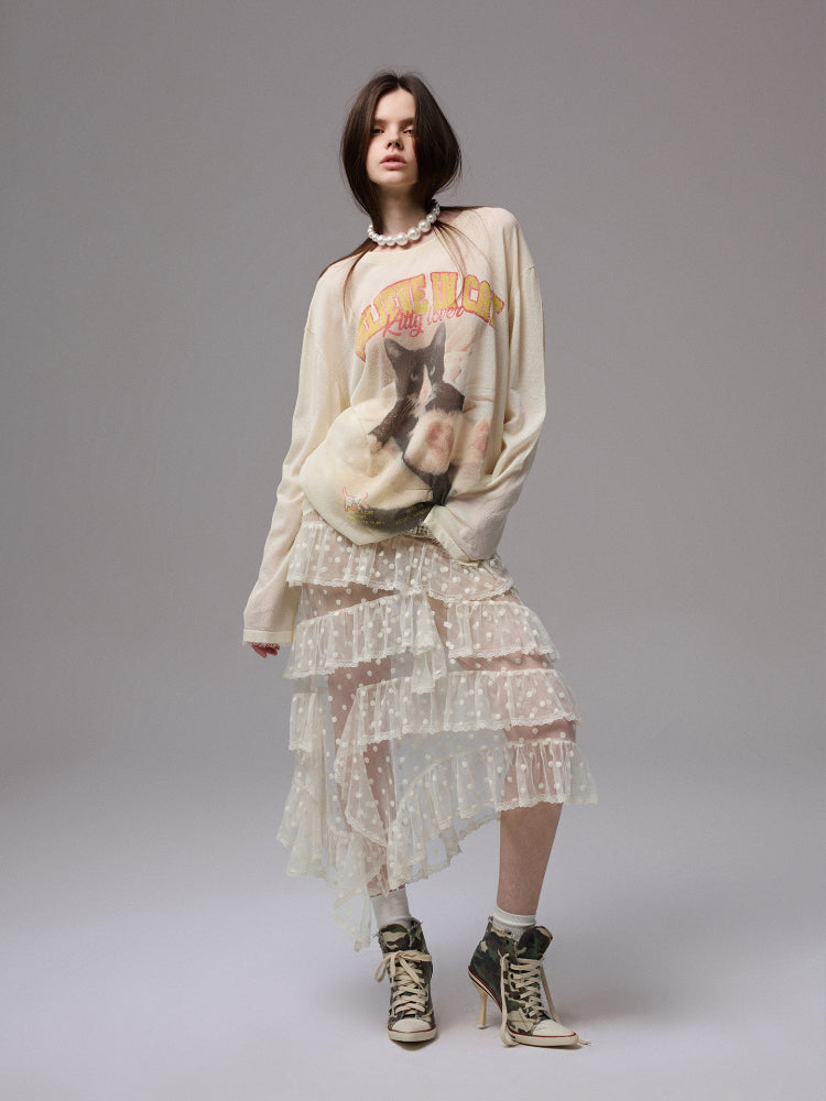 Cat Print Knitted T-shirt - CHINASQUAD